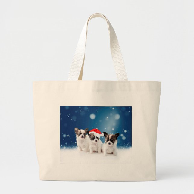 Grand Tote Bag Chihuahua Chiuppies mignonnes avec Noël du Père No (Devant)