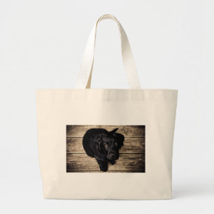 Grand Tote Bag Chiot de récupération du Labrador noir sur bois