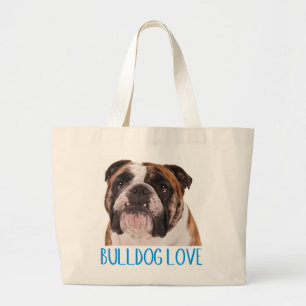 Grand Tote Bag Chiots Bouledogue Anglais Amour Bleu