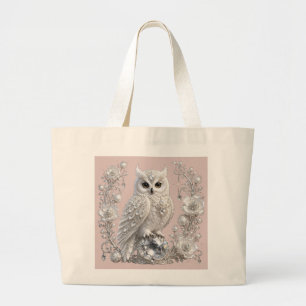 Grand Tote Bag Chouette en cristal de perle Cadre floral argent