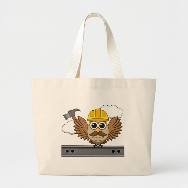 Grand Tote Bag Chouette ouvrière de construction mignonne avec de (Devant)