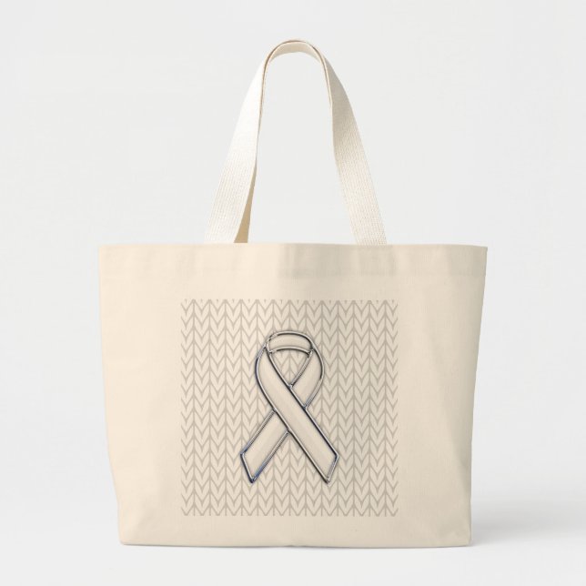 Grand Tote Bag Chrome on White Knitting Ribbon Awareness Print (Devant)