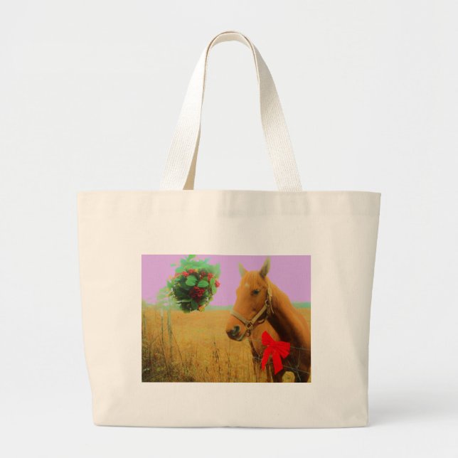 Grand Tote Bag Ciel rose rétro Cheval de Noël (Devant)