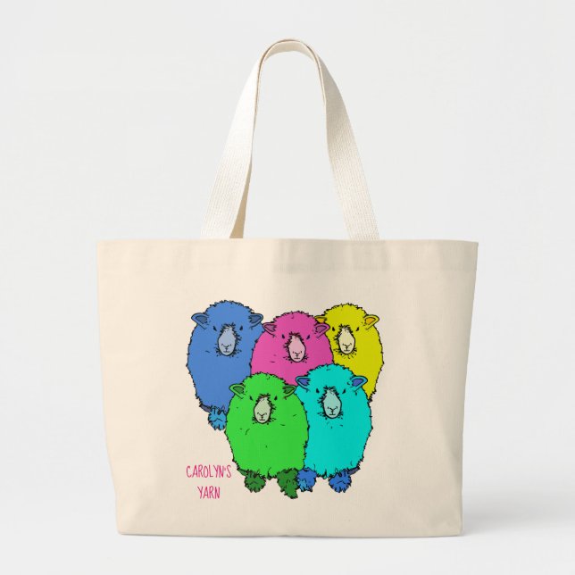 Grand Tote Bag Cinq moutons de dessin animé de couleur avec votre (Devant)