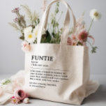 Grand Tote Bag Citation de définition de Funtie personnalisée<br><div class="desc">Cette citation de définition de Funtie est le moyen idéal de célébrer le lien spécial que votre sœur partage avec votre enfant en tant que "Tante amusante". Ce design est quelque chose qui non seulement illumine sa vie, mais capture également la joie et l'amour uniques qu'elle apporte à votre famille....</div>