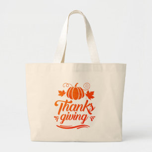 Grand Tote Bag Citrouille mignon avec texte Thanksgiving Typograp