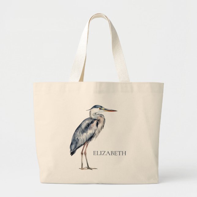 Grand Tote Bag Coastal Blue Heron Bird Personalized (Devant)