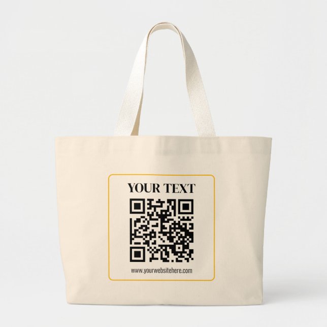 Grand Tote Bag Code QR éditable & Texte avec bordure jaune or (Devant)