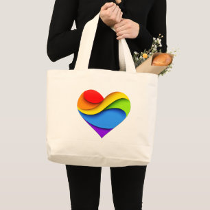 Grand Tote Bag Coeur en forme de SlipperyJoe arc-en-ciel rouge or