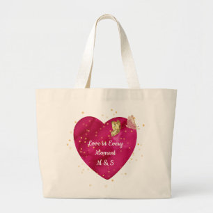 Grand Tote Bag Cœur romantique et papillon doré Saint-Valentin
