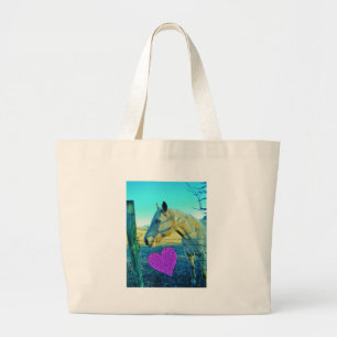 Grand Tote Bag Coeur rose et Cheval jaune