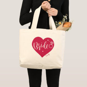 Grand Tote Bag coeur rouge rose et écriture mariée personnalisée
