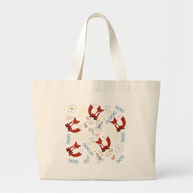 Grand Tote Bag Coeurs de Fox mignonne tirant à la main en bleu ja (Devant)