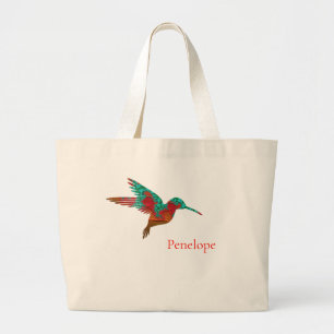 Grand Tote Bag Colibri turquoise orange et rouge fractal avec le