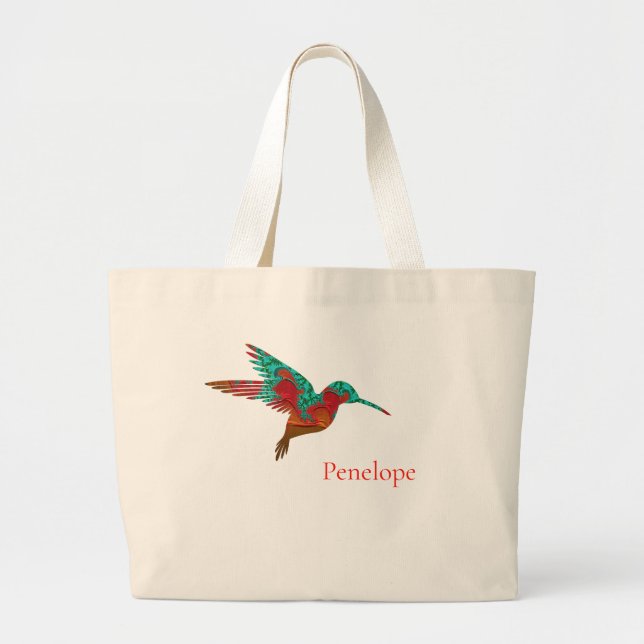 Grand Tote Bag Colibri turquoise orange et rouge fractal avec le  (Devant)