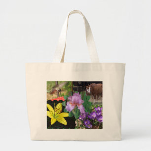 Grand Tote Bag Collage des fleurs, des chevaux, et du colibri
