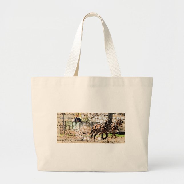 Grand Tote Bag Collage multimédia mixte de l'équipe de deux cheva (Devant)