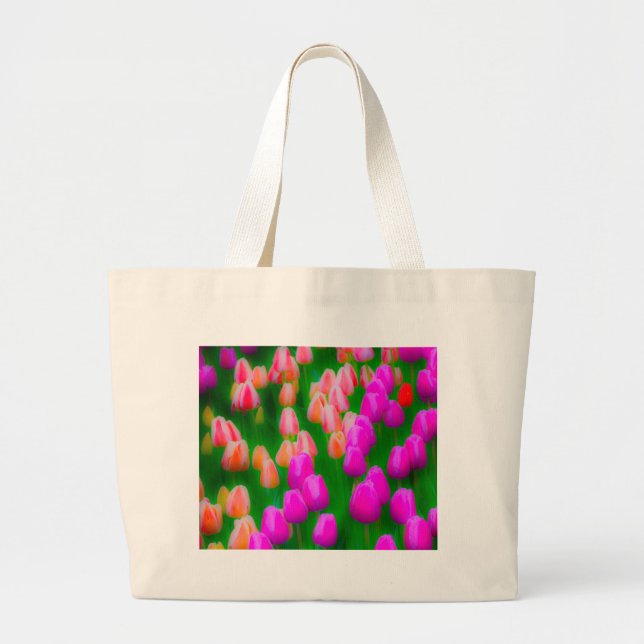 Grand Tote Bag Conception florale de tulipe rose et orange (Devant)
