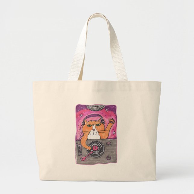 Grand Tote Bag Cool Dj Cat Marker Art Illustration Toon Fun (Devant)
