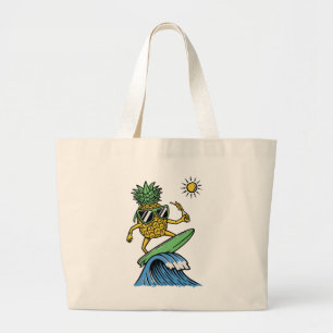 Grand Tote Bag Cool Pineapple surf sur la plage Sea Vibrant