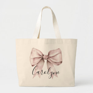 Grand Tote Bag Coquette esthétique arc rose Nom personnalisé