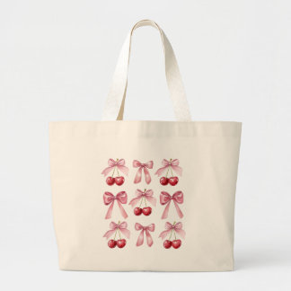 Grand Tote Bag Coquette Pink Bows and Cherries Watercolor Aesthet