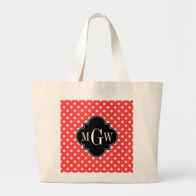 Grand Tote Bag Coral Wht Pois Black Quatrefoil 3 Monogramme (Devant)