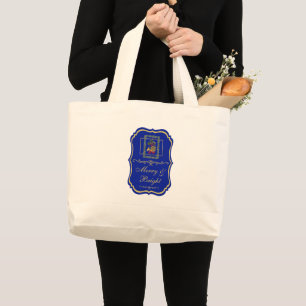 Grand Tote Bag Corne française élégante de Noël Emblème bleu roya