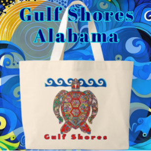Grand Tote Bag Côte du Golfe Alabama Tortue de mer en mosaïque co