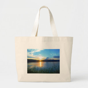 Grand Tote Bag Coucher de soleil bleu sur le lac