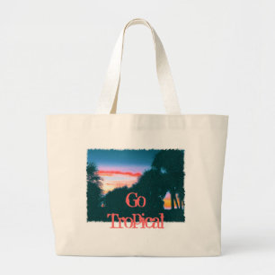Grand Tote Bag Coucher de soleil et palmiers tropicaux