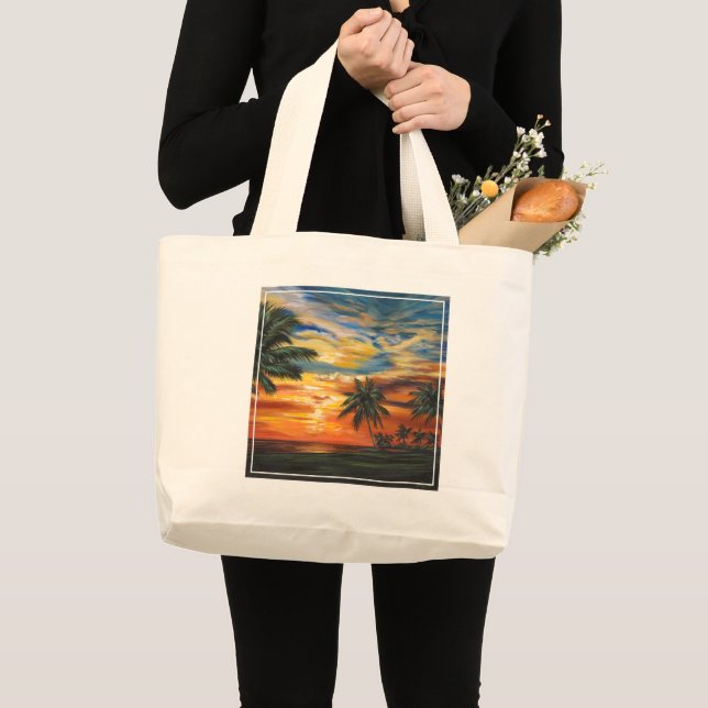 Grand Tote Bag Coucher de soleil tropical étonnant (Devant (produit))