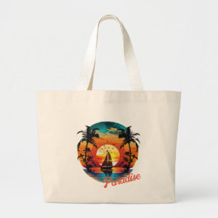 Grand Tote Bag Coucher de soleil tropical Palmiers de plage de vo