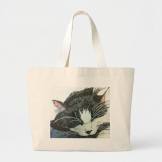 Grand Tote Bag Couleur d'eau de chat et drawng encré