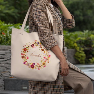 Grand Tote Bag Couronne botanique | Œuvre d'art originale aux fle