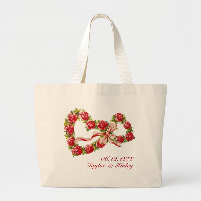 Grand Tote Bag Couronne de fleurs coeurs de roses rouges Élégant  (Devant)
