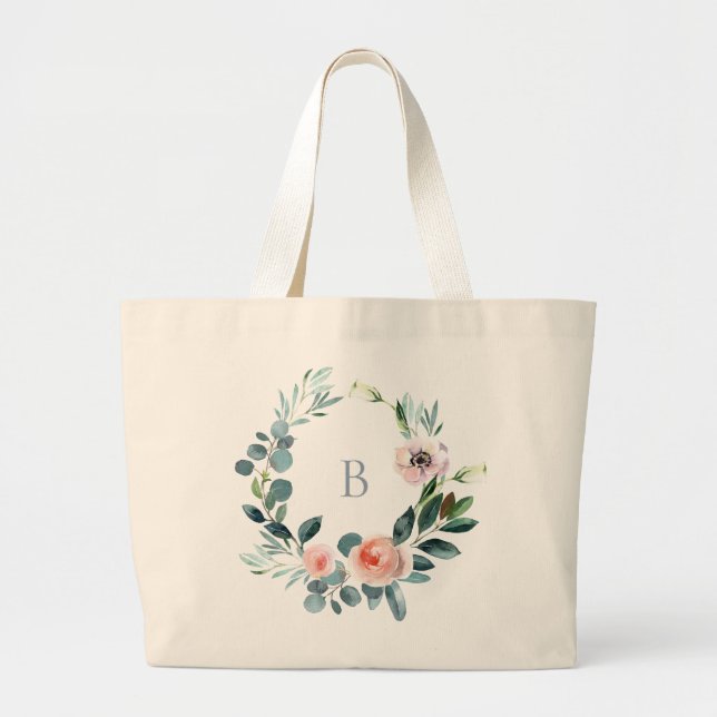 Grand Tote Bag Couronne de fleurs de jardin élégante avec monogra (Devant)
