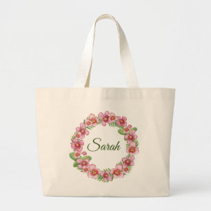 Grand Tote Bag Couronne rose et verte fleurie personnalisée