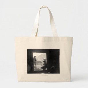 Grand Tote Bag Cowboy dans une porte avec des chevaux