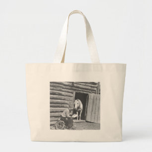 Grand Tote Bag Cowboy lisant une lettre avec un cheval