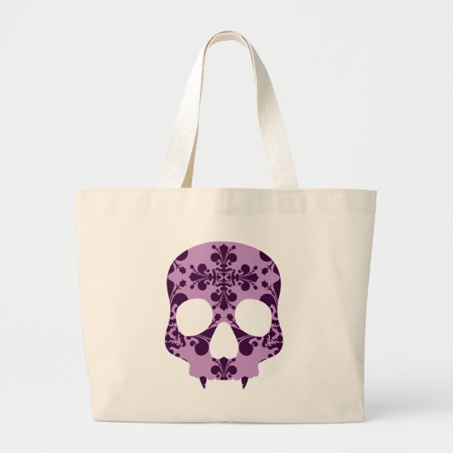 Grand Tote Bag Crâne croquant pourpre damassé (Devant)