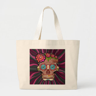 Grand Tote Bag Crâne de sucre en bois sculpté avec couronne fleur