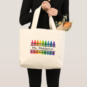 Grand Tote Bag Crayons arc-en-ciel personnalisés pour enseignant