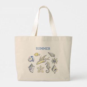 Grand Tote Bag Créatures océaniques bleues et jaunes