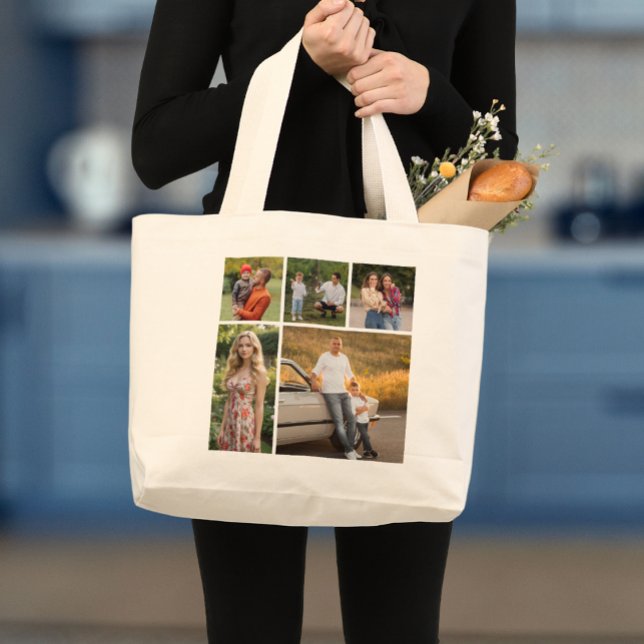 Grand Tote Bag Créez votre propre collection photo 5 (5 Photo Collage Large Tote Bag)
