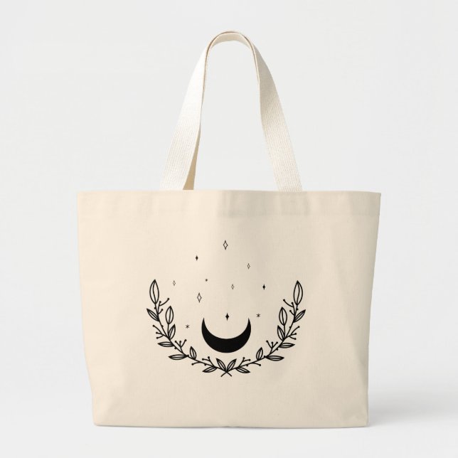 Grand Tote Bag Crescent Moon & Feuilles Boho Line Art (Devant)