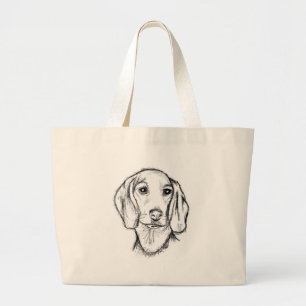 Grand Tote Bag croquis de teckel dessiné à la main en noir et bla