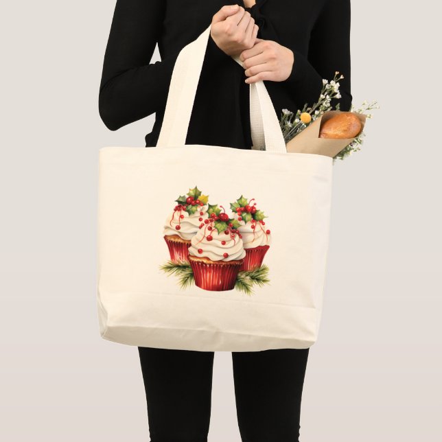 Grand Tote Bag Cupcake de Noël Holly Berry (Devant (produit))
