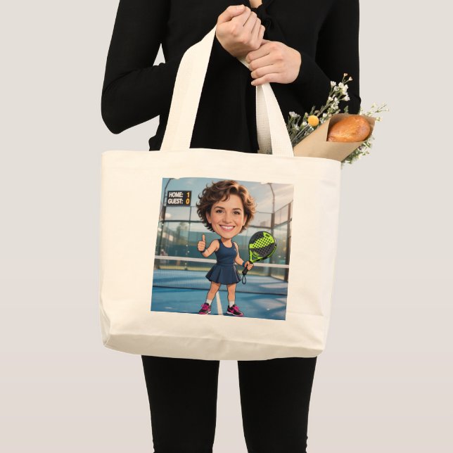 Grand Tote Bag Custom Photo Head Padel/Pickleball Player Caricatu (Devant (produit))