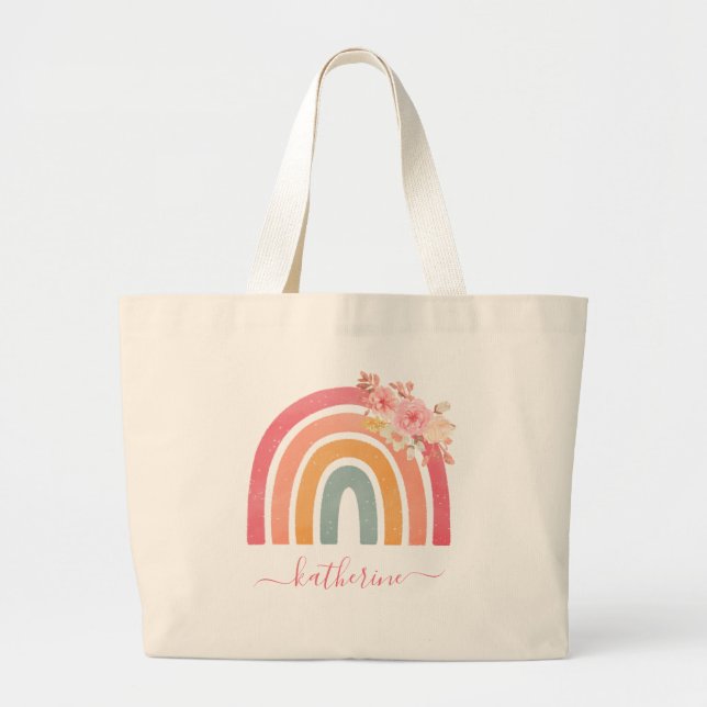 Grand Tote Bag Cute Boho arc-en-ciel avec aquarelles florales (Devant)